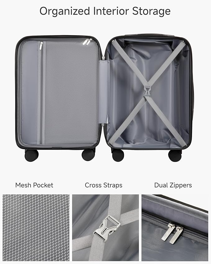 Carry On Luggage 22x14x9 Airline Approved, 20" Hardside Suitcase with Front Pocket for Laptop, Lightweight Spinner Luggage with TSA Lock & Matching Tote Bag (3 Piece Sets, Black)