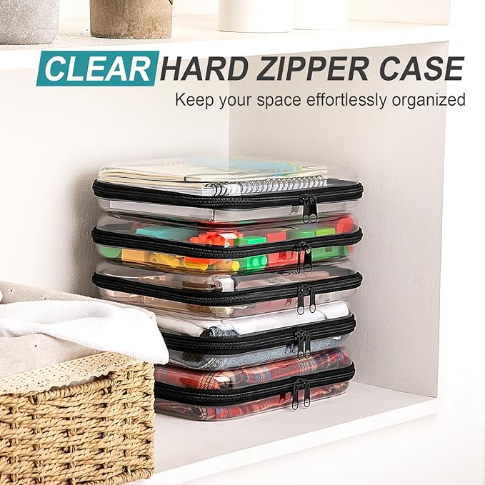 Sanwuta 6 Pcs Clear Hard Zipper Case Plastic Zipper Pouches Transparent Makeup Bag Pencil Case Pouches Toiletry Diaper Bag for Travel Toy Storage Organizer Bins(Black,9.84 x 7.87 x 2 Inch)