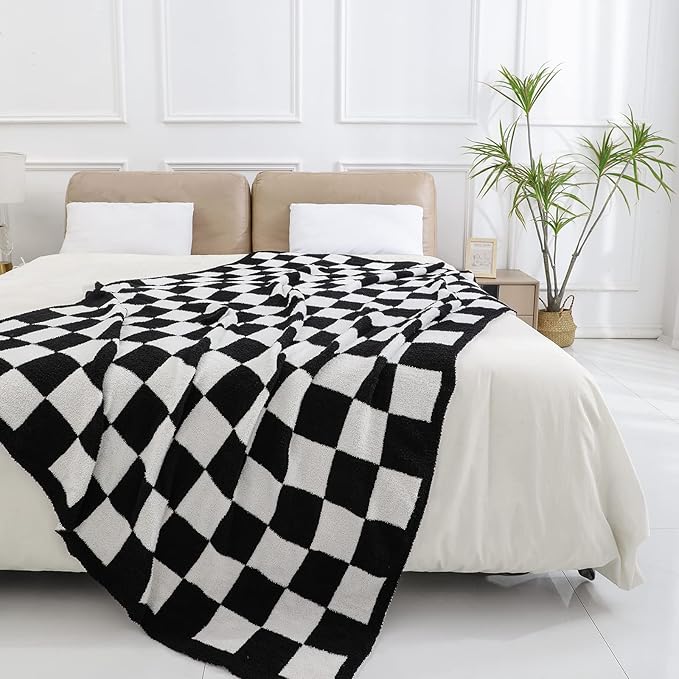 bearberry Fuzzy Checkerboard Grid Throw Blanket Soft Cozy Warm Microfiber Bed Blanket Decor for Couch Sofa Bed Travel Home (Black, 60''x80'')