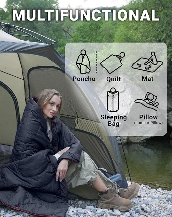 KingCamp Ultralight Camping Blanket, Packable Down Alternative Puffy Wearable Blankets Weatherproof Warm Package Quilt with Snap Buttons for Outdoor Hiking Travel Picnic Stadium (69"L x 53"W, Black)