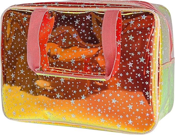 Holographic Brown Clear Star Large Cosmetic Bag and TPU Travel Pouch with Handle,Durable Material,Zipper Design-Ideal for Makeup,Travel Essentials 11.81x5.12x8.27inch (Brown)