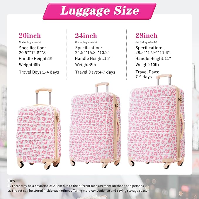 Merax Suitcase Set, Hardshell Luggage Sets 3 Piece with Spinner Wheels, Expandable Durable Suitcase with TSA Lock Lightweight 20" 24" 28", Pink Leopard