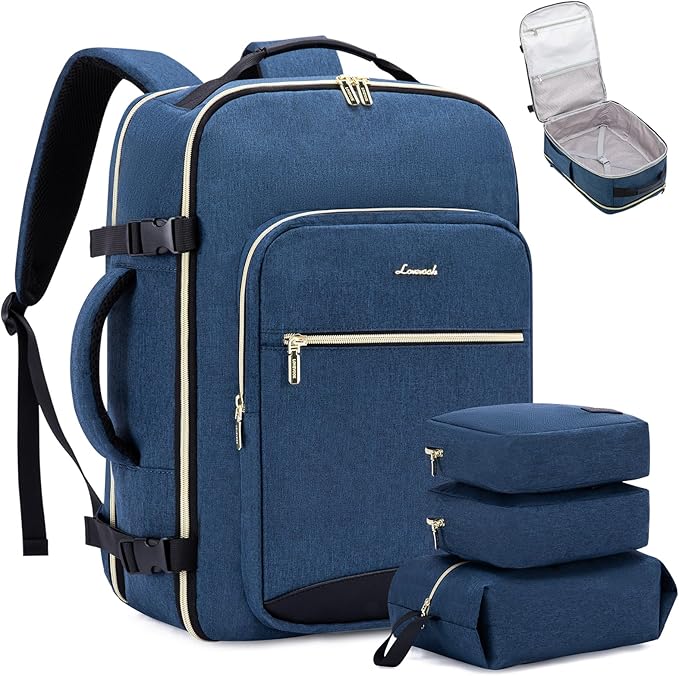 LOVEVOOK Travel Backpack for Women & Men 40L,Airline Approved Carry On Backpack Travel Essentials,TSA Carry on Luggage,Waterproof Personal Item Travel Bag,Suitcase with 3 Packing Cubes,Dark blue-Black