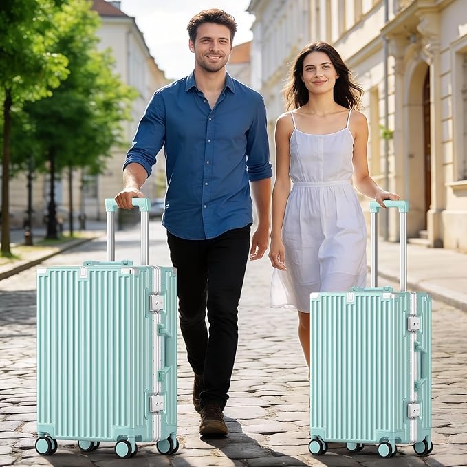 Zipperless Suitcase, 28 Inch Checked Luggage, Hardshell Aluminum Frame Polycarbonate Luggage with Phone Holder, Cup Holder, Charging Port, TSA Lock, Spinner Wheels for Vacations, Mint Green