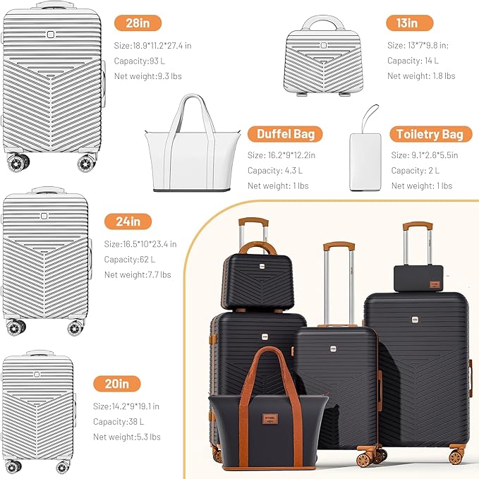Hoteel Luggage Sets 6 Piece ABS+PC Hardside, 4-Year Warranty, Luggage Set with Spinner Wheels, TSA Lock, Lightweight Carry on Luggage, 13"/20"/24"/28" Suitcase with Duffel & Organizer, Black
