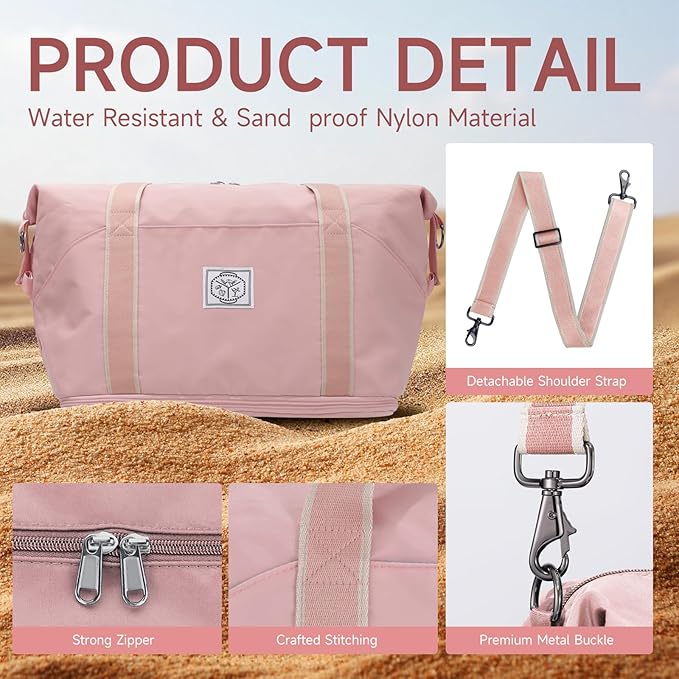 WALNEW Travel Duffel Bag, Weekender Overnight Carry On Bag for Women Men, Foldable Waterproof Gym Luggage Duffle Bag with Metal Buckle Detachable Shoulder Strap and Wet Compartment (Pink)