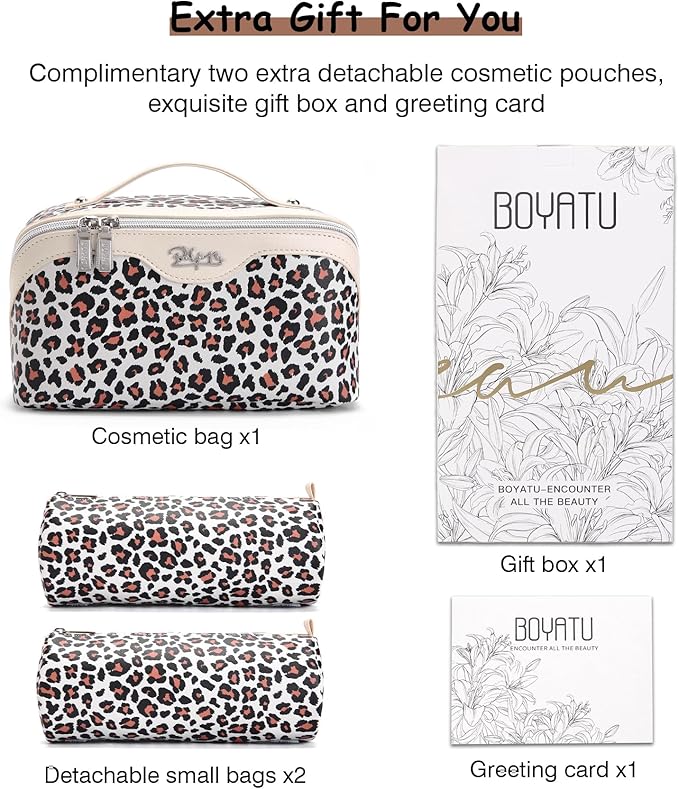 BOYATU Travel Makeup Bags Cosmetic Organizer Bag: 3 Pcs Set Large Capacity Make up Bag with Compartments - Waterproof Leather Toiletry Bags with Handle for Women (B-White)