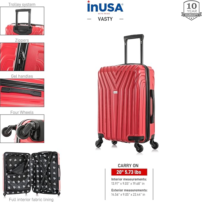 InUSA VASTY Luggage with Spinner Wheels | Durable Lightweight Hardshell Suitcase Travel Bag with Handle and Trolley 20-Inch Carry On Small Luggage | Red