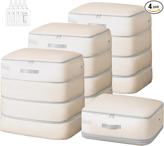 Comforter Storage Bag - 130L Large Capacity Blanket Storage Bags 4-Layer Ultra Space Saving Self Compression Organizer, Washable Compression Bags for Storage Comforter Blanket, 4-Pack, Beige
