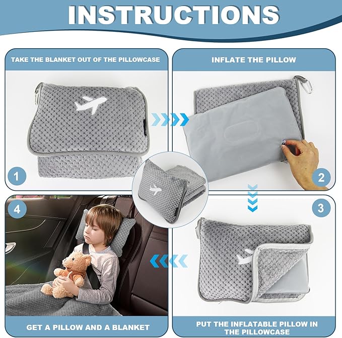 Travel Blanket Airplane Compact with Bag, Travel Essentials 3 in 1 Packable Airplane Blanket, Travel Pillow and Blanket Set, Inflatable Pillow, Luggage Sleeve & Backpack Clip (Light Grey)