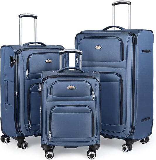 Softside Luggage Sets 3 Piece,Expandable Lightweight Durable Suitcase Sets Double Spinner Wheels w/Combination LOCK （20''/26''/30''）#Blue