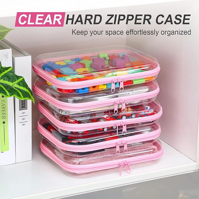 Sanwuta 6 Pcs Clear Hard Zipper Case Plastic Zipper Pouches Transparent Makeup Bag Pencil Case Pouches Toiletry Diaper Bag for Travel Toy Storage Organizer Bins(Pink,9.84 x 7.87 x 2 Inch)