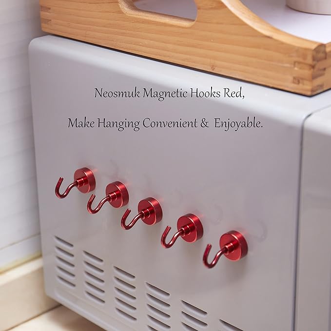 Neosmuk Magnetic Hooks,0.4lb Heavy Duty Earth Magnets with Hook for Refrigerator, Extra Strong Cruise Hook for Hanging, Magnetic Hanger for Cabins, Grill (Red, 6 Pack)