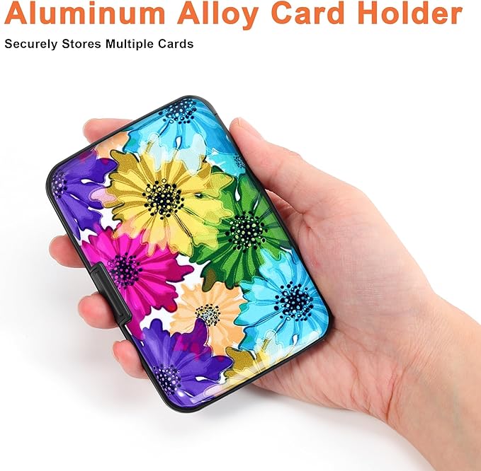 Mayski Credit Card Holder, RFID Blocking, Aluminum Alloy Hard Case, Small Mini Business Metal Wallet for Women Men, Colorful Flowers