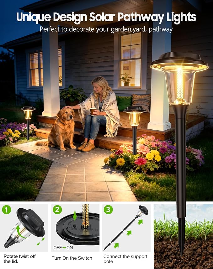 2026 New Solar Pathway Lights, 8 Pack Solar Lights Outdoor, Waterproof IP65, Upgraded Bright LED, Auto On/Off, Modern Garden Lights, Solar Powered Light for Yard, Lawn, Walkway, Driveway, Patio Decor