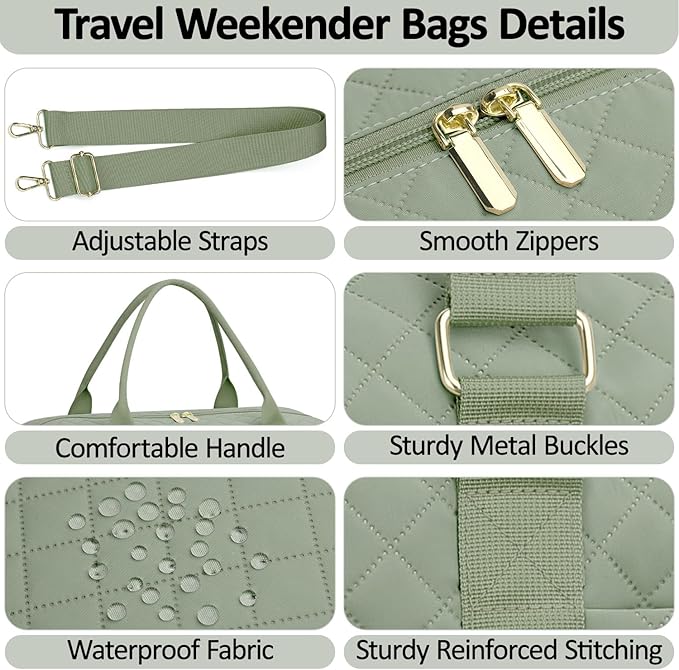 Quilted Travel Duffle Bag for Travel Women with Toiletry Bag, Large Weekender Bags for Women Carry on Duffel Overnight Bag, Waterproof Travel Tote Bags for Sports, Weekender, Business, Green