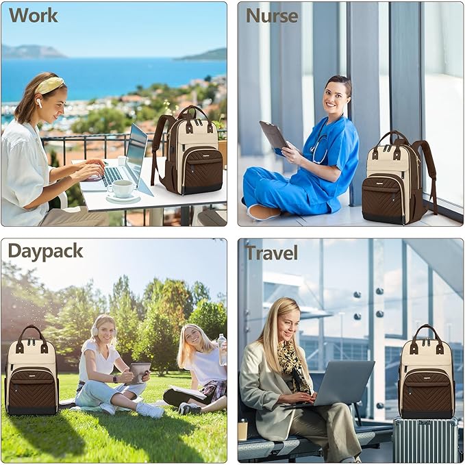 Laptop Backpack for Women Work Bag - 15.6 inch Travel Backpack Purse with USB Charger College Bookbag Waterproof Cute Casual Daypack Fashion Business Computer Backpacks for Teacher Nurse Brown Khaki