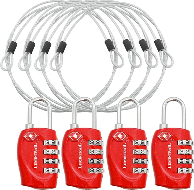 Lumintrail TSA Approved Locks, 4 Digit Combination Luggage Locks TSA Approved, Travel Locks for Luggage & Suitcase with 4-FT Steel Cable, Red, 4 Pack