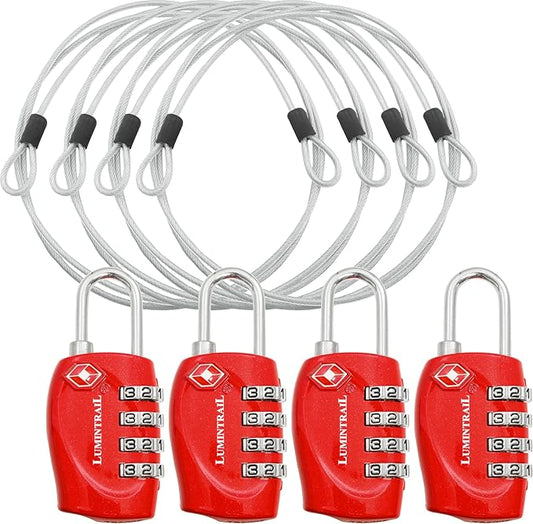 Lumintrail TSA Approved Locks, 4 Digit Combination Luggage Locks TSA Approved, Travel Locks for Luggage & Suitcase with 4-FT Steel Cable, Red, 4 Pack