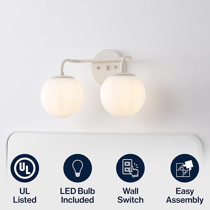 JONATHAN Y Louis Parisian Globe 15" Vanity 2-Light, Almond | White Frosted Glass Shade, Midcentury Parisian Bistro Style, Metal Wall Lamp, Dimmable, Hardwired, LED Bulbs Included