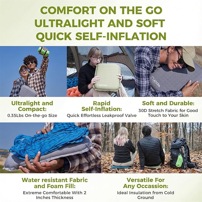 ATEPA Inflatable Seat Cushion, Self-Inflating Portable Stadium Airplane Travel Foam Cushion Pad for Camping, Sports Events, Outdoor