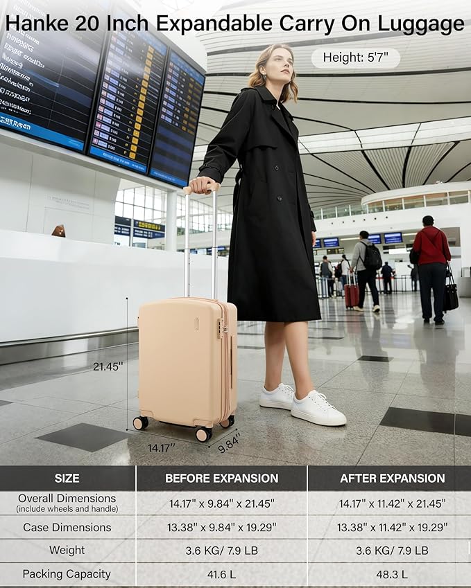 Hanke Expandable Carry On Luggage 22x14x9 Airline Approved, 20 Inch Hard Shell Suitcases with Wheels, Lightweight Travel Luggage Carry On Suitcase for Woman & Men with Tsa Lock(Cuba Sand)