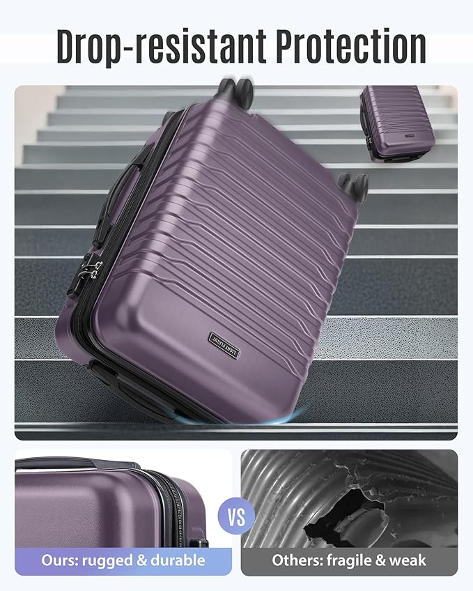 LIGHT FLIGHT Expandable Carry On Luggage 22x14x9 Airline Approved with Double Spinner Wheels, 20 Inch Lightweight Hard Shell Rolling Suitcases with TSA Lock, Purple
