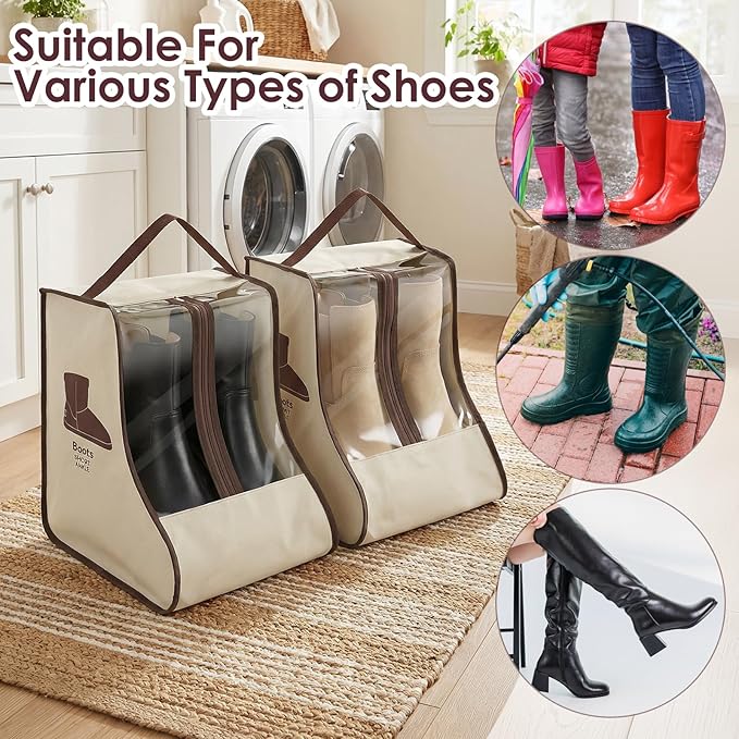 Portable Boots Storage Bag, Beige Dust Proof Boots Protector Carry Bag with Handle Shoe Dust Organizer Packing for Travel and Daily Use(Medium)