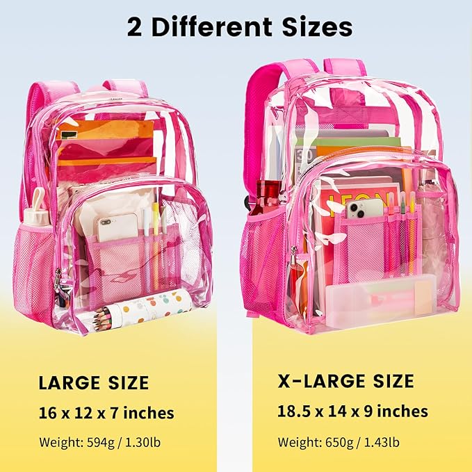 Vorspack Clear Backpack Heavy Duty PVC Transparent Backpack Extra Large Clear Backpacks with Reinforced Strap for College Workplace Security - Pink