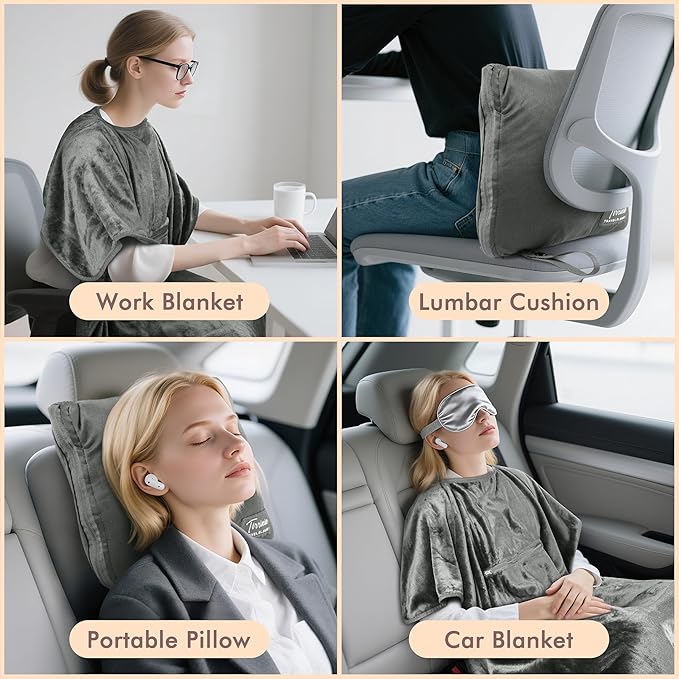 Tirrinia Travel Blanket Airplane Office Poncho 4 in 1 Premium Cozy Fleece Portable Poncho Blankets with Built-in Bag, Pocket