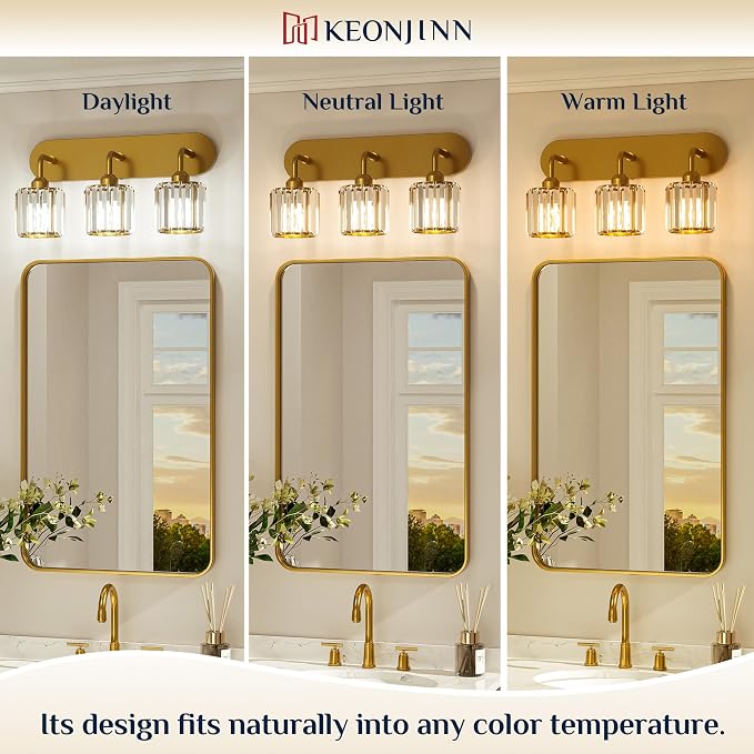 Keonjinn 4-Light Gold Bathroom Light Fixtures Over Mirror, Crystal | Vanity Lighting Fixture with Crystal Square Shades, Dimmable, Modern Style, Compatible with E26 Base LED Bulbs (Exclude Bulb)