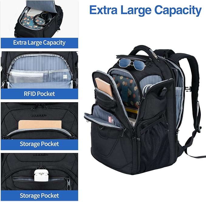 KROSER TSA Friendly Travel Laptop Backpack 18.4 inch XXXL Gaming Backpack Water-Repellent College Daypack Business Backpack with RFID Pockets & USB Port for Men/Women-Black | TSA Friendly, Water-Repellent, College Daypack, Business Backpack, RFID Pocke...