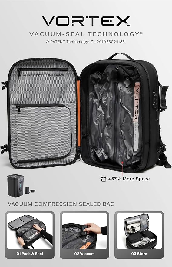 BlackVoyage Vortex Vacuum Seal Travel Backpack 60L Expandable Air Compression System Water Resistant TSA Lock Carry-On Suitcase Luggage Gray AERO - No Vacuum Pump
