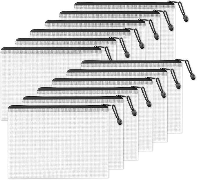 SUNEE Plastic Mesh Zipper Pouch 11x15 in (Black, 12 Packs),Extra Large Water-Resistant Zip Bag for School Office Supplies, Puzzles & Games Organizing Storage
