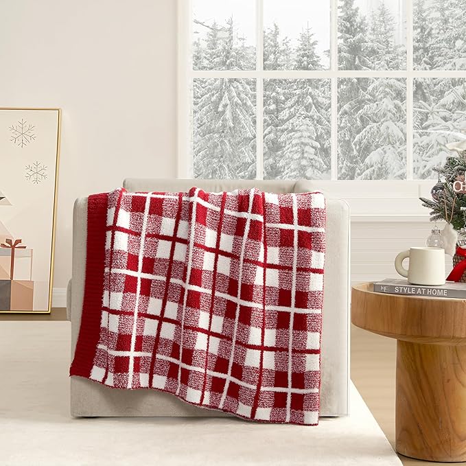 Snuggle Sac Red Checkered Throw Blanket for Couch, Super Soft Cozy Warm Christmas Red Blankets, Reversible Buffalo Plaid Microfiber Throws for Sofa Bed, Red Plaid, 50x60 Inches