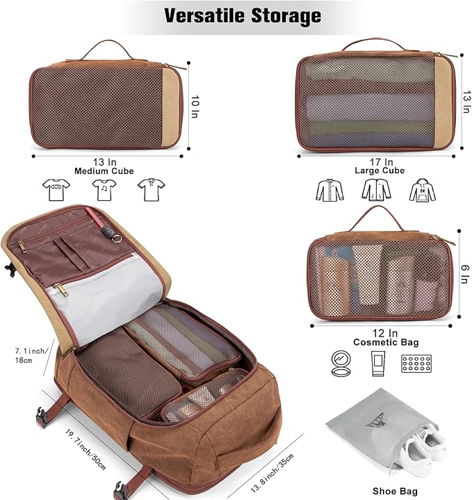 Tzowla 40L Canvas Expandable Travel Laptop Backpack for Men Women Carry on Flight Approved,Large Capacity Anti Theft Backpacks,Vintage Personal Item Bag Fit 17.3" Laptop(Brown & Khaki)