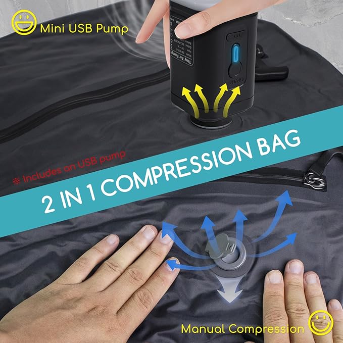 Vacuum Bags for Travel with Pump, 2 Pack TPU Reusable Vacuum Compression Bags for Travel with Waterproof Zipper, Space Saver Bag for Suitcase, Backpack, Black