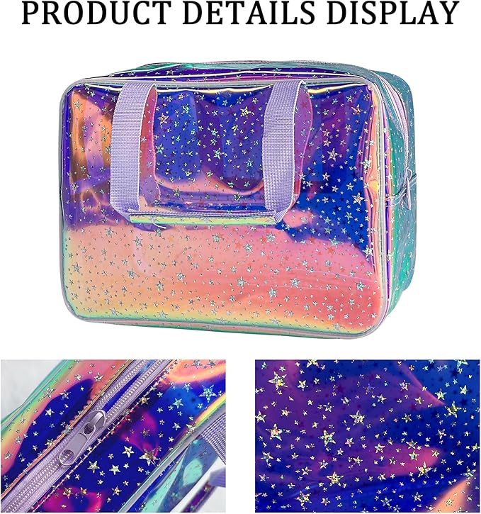 Holographic Purple Star Large Cosmetic Bag and Travel Pouch with Handle,Durable Material,Zipper Design-Ideal for Makeup,Travel Essentials (Purple Handle)