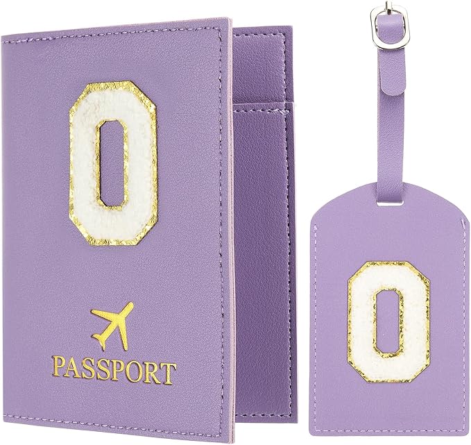 PATIKIL Passport Holder for Travel, Initial Passport Cover and Luggage Tag Set with Alphabet Chenille Letter Patch Travel Wallet Bag Suitcase Identifier for Women Family Travel Purple O