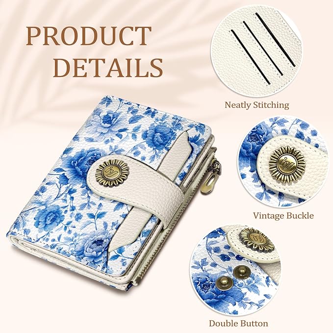 Icycay Floral Flowers Small Wallet Women RFID Blocking Bifold, Credit Card Holder, Zipper Coin Pocket, PU Leather, Compact, Travel, 4 ID Window, 14 Card Slots, Cash Purse, Ladies Woman Female Girls