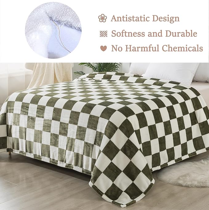 Checkered Throw Blanket, 50x60 Inches Travel Size Sage Green Microfiber Soft Cozy Fluffy Warm Hand Made Throw Blankets for Couch, Sofa, Chair, Bed, Camping, Picnic,Sage Green