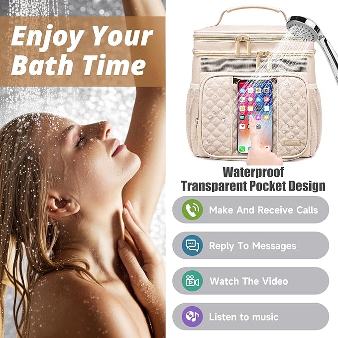 Large Leather Toiletry Bag for Women Men,Bathroom Bag,Water Resistant Shower Bag,Makeup Bag,Portable Shower Caddy for College Dorm,Hanging Travel Toiletry Bag with Transparent Waterproof Phone Pocket