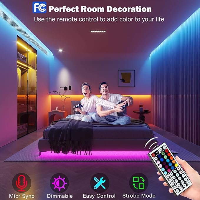 Led Lights for Bedroom 100 ft (2 Rolls of 50ft) Music Sync Color Changing RGB Led Strip Lights with Remote App Control Bluetooth Led Strip, Lights for Room Home Kitchen Party Decor