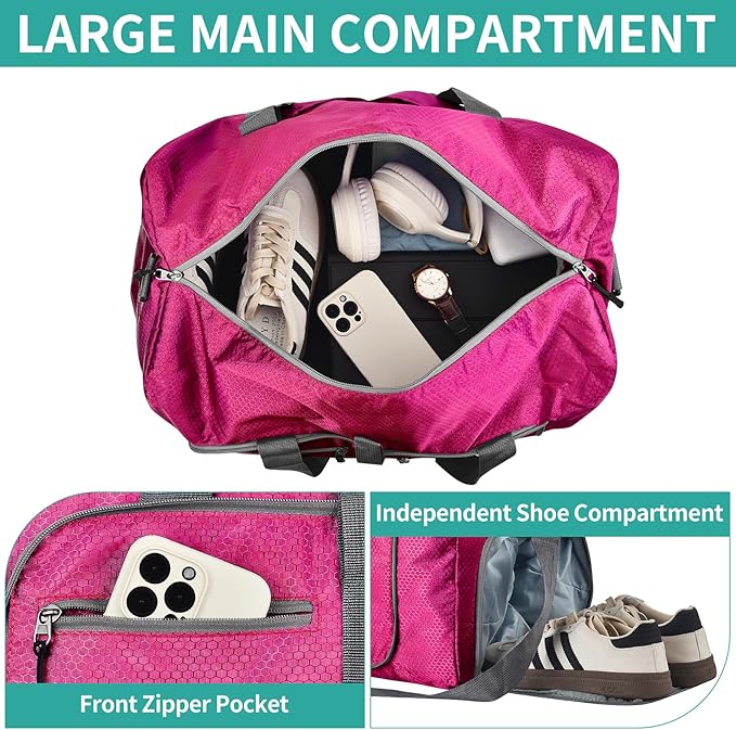 Dimayar Travel Duffle Bag for Men Women - Foldable Duffel Bag with Shoes Compartment - Overnight Bags Waterproof & Tear Resistant(65L,Fuchsine)