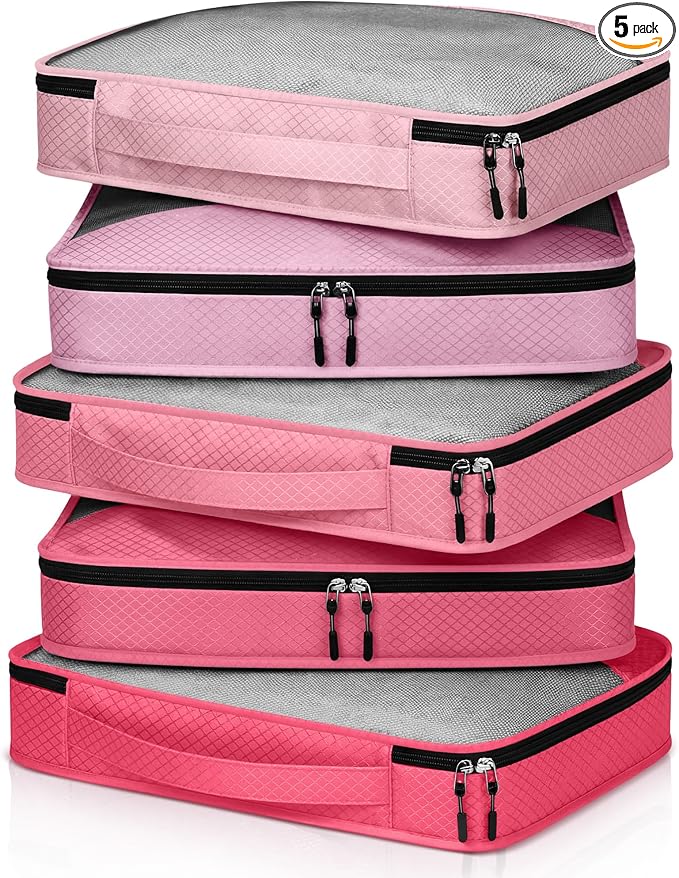 5 Pcs Packing Cubes for Suitcase Large Travel Cubes Carry on Luggage Organizer Bags for Clothes Accessories(M,Pink)