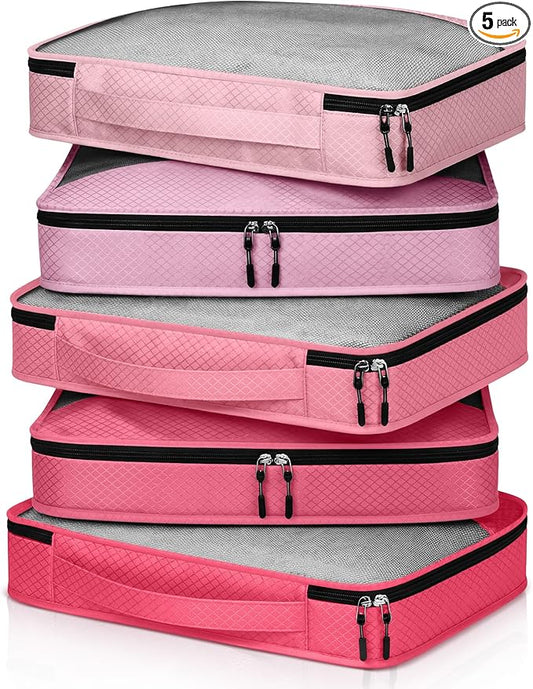 5 Pcs Packing Cubes for Suitcase Large Travel Cubes Carry on Luggage Organizer Bags for Clothes Accessories(M,Pink)