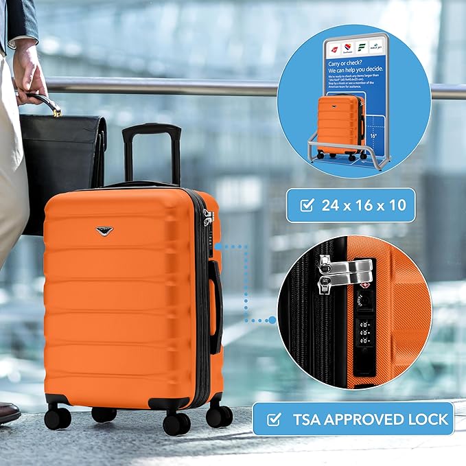 Flight Knight 24x16x10 Expandable Carry On Suitcase Hardside TSA Lock USB C Lightweight Luggage Silent Double Spinner Wheels Maximum Overhead Carry-On Bag For Virgin South West Approved Orange