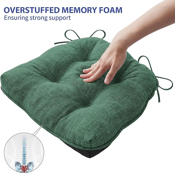 Chair Cushions for Dining Chairs Set of 2, Kitchen Chair Cushions, Chair Pads with Ties Non Slip Backing, Christmas Room Decor, Tufted Memory Foam Seat Cushion 2 Pack, 15.5x15.5x4, Dark Green