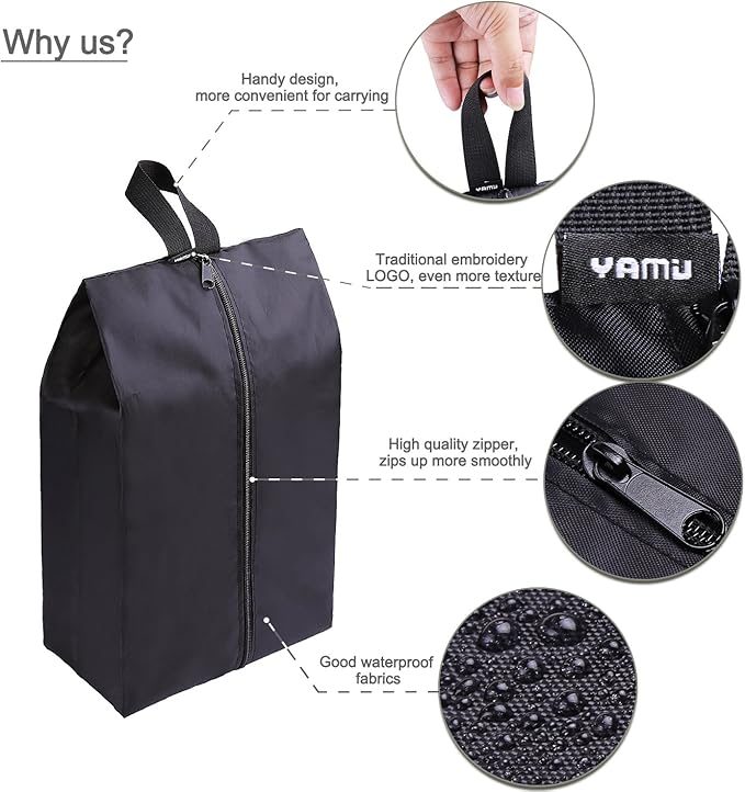 YAMIU Travel Shoe Bags Set of 4 Waterproof Nylon with Zipper for Men & Women, Black