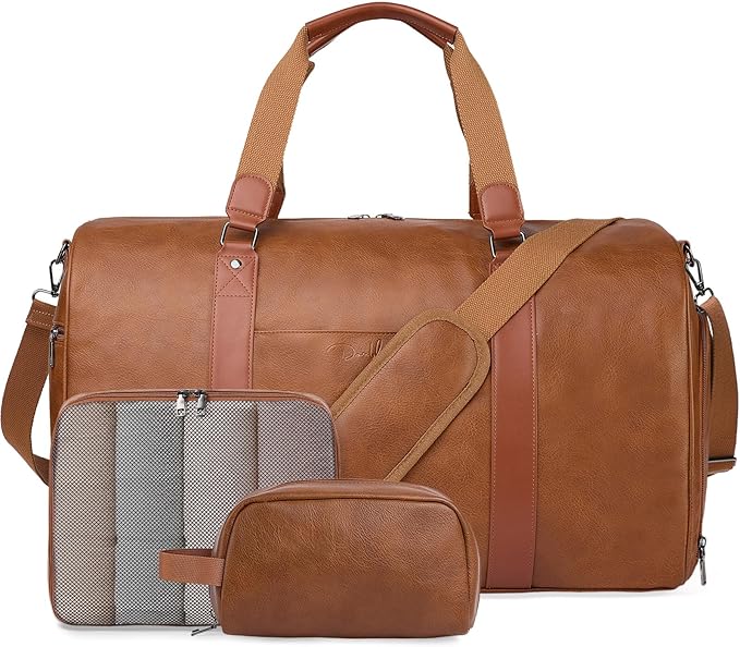 Large 3-in-1 Leather Duffle Bag for Travel Weekender Overnight Hospital Gym Bag for Men & Women, Carry On Airline Approved Personal Item Duffel Garment Bag Luggage with Shoe Compartment & Toiletry Bag